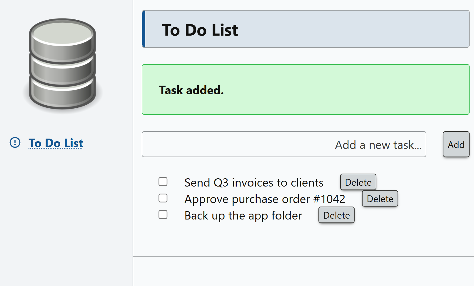 The to-do page rendered with the default styling: navigation menu, a success message, the add-task form, and the task list